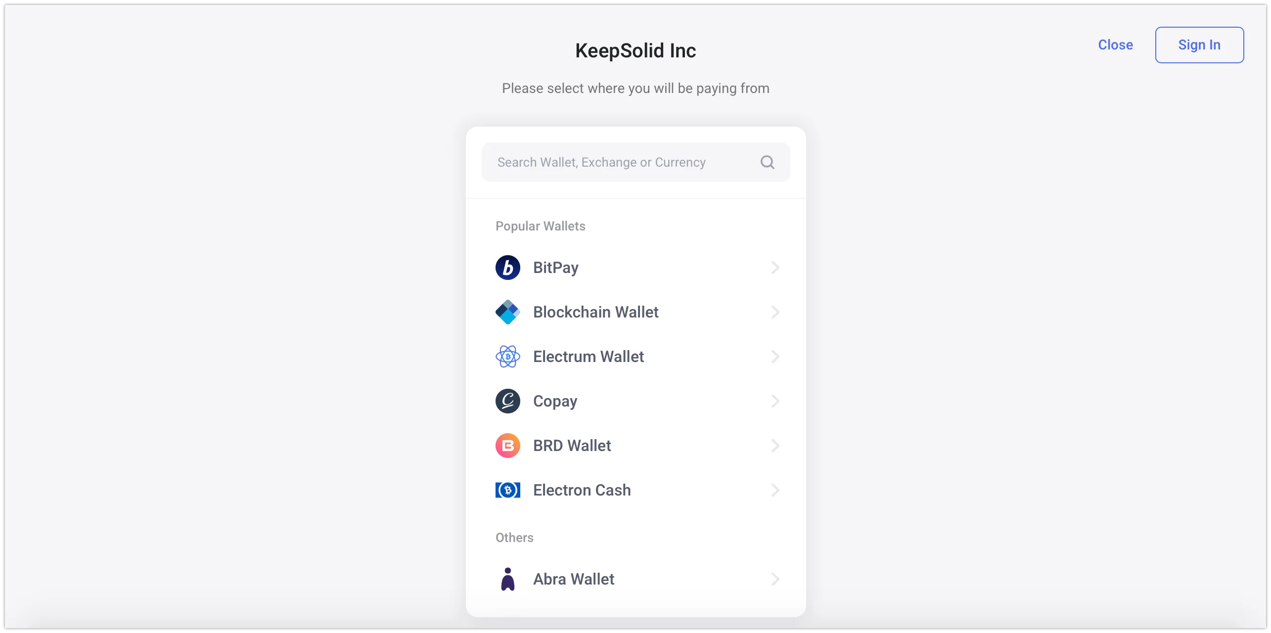 7. Select your wallet from where you will be paying for our VPN subscription (in this manual, we choose BitPay).
