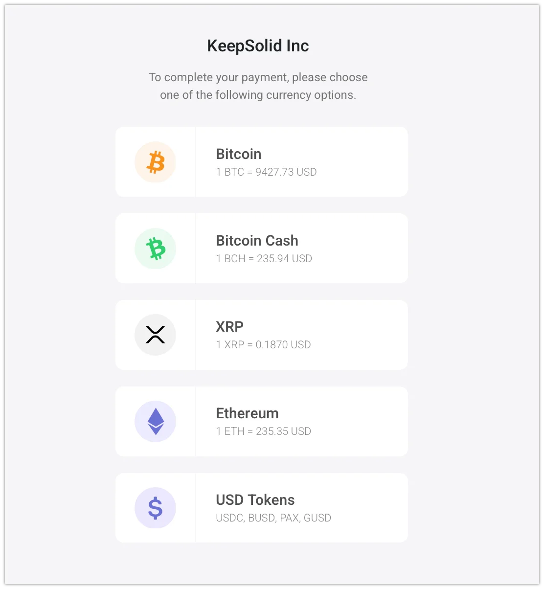 9. Choose the needed cryptocurrency option to complete your VPN payment (in this manual, we choose bitcoin).