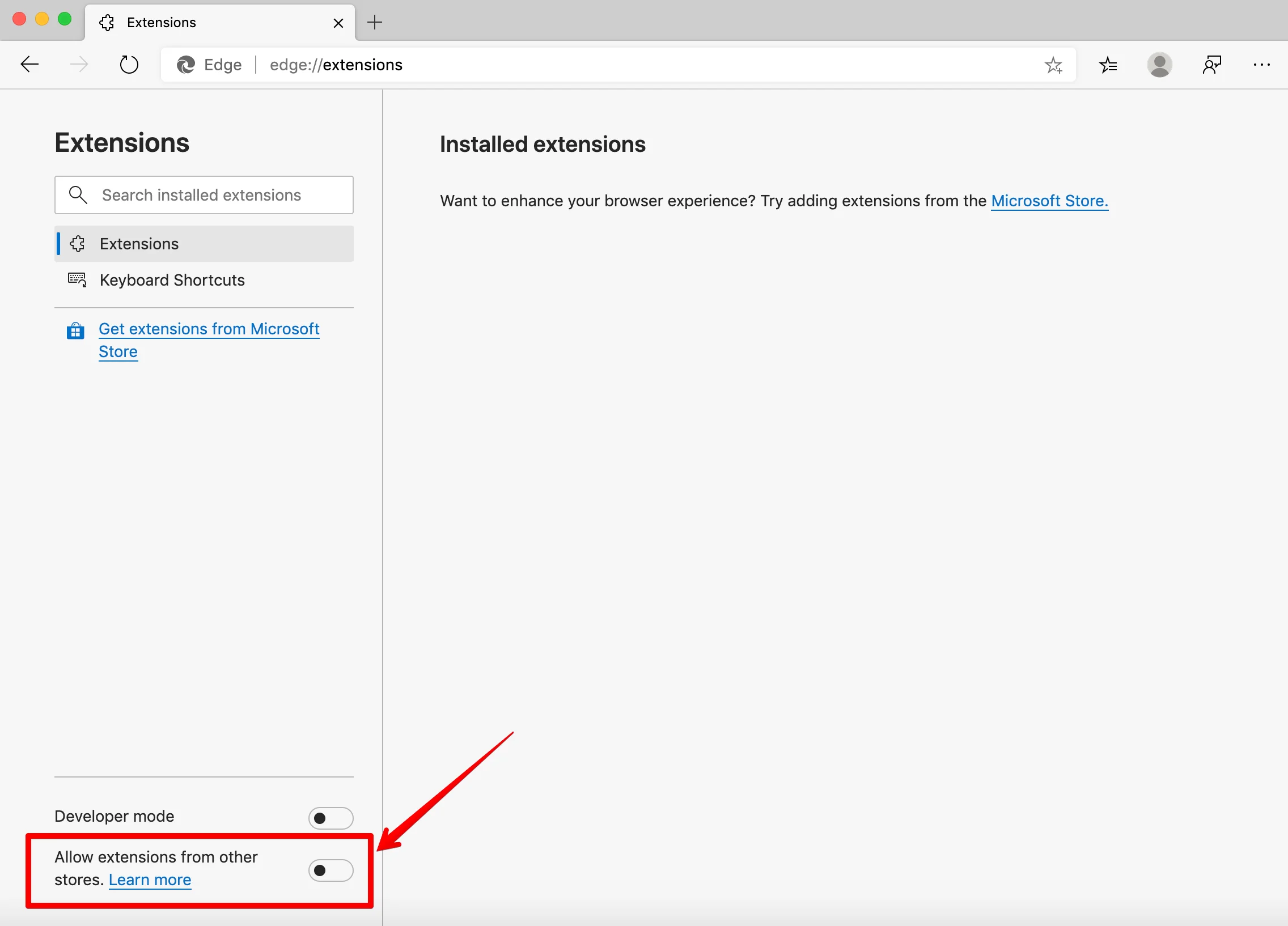 Allow extensions from other stores in Microsoft Edge