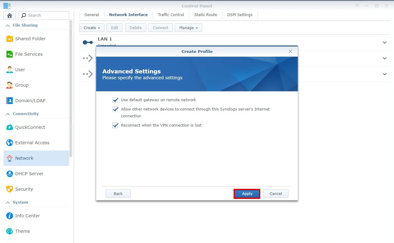 VPN on Synology NAS. Advanced Settings of the VPN profile