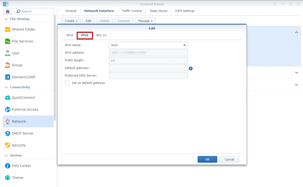 Disabling IPv6 on your Synology in Network Interface > LAN > IPv6 tab