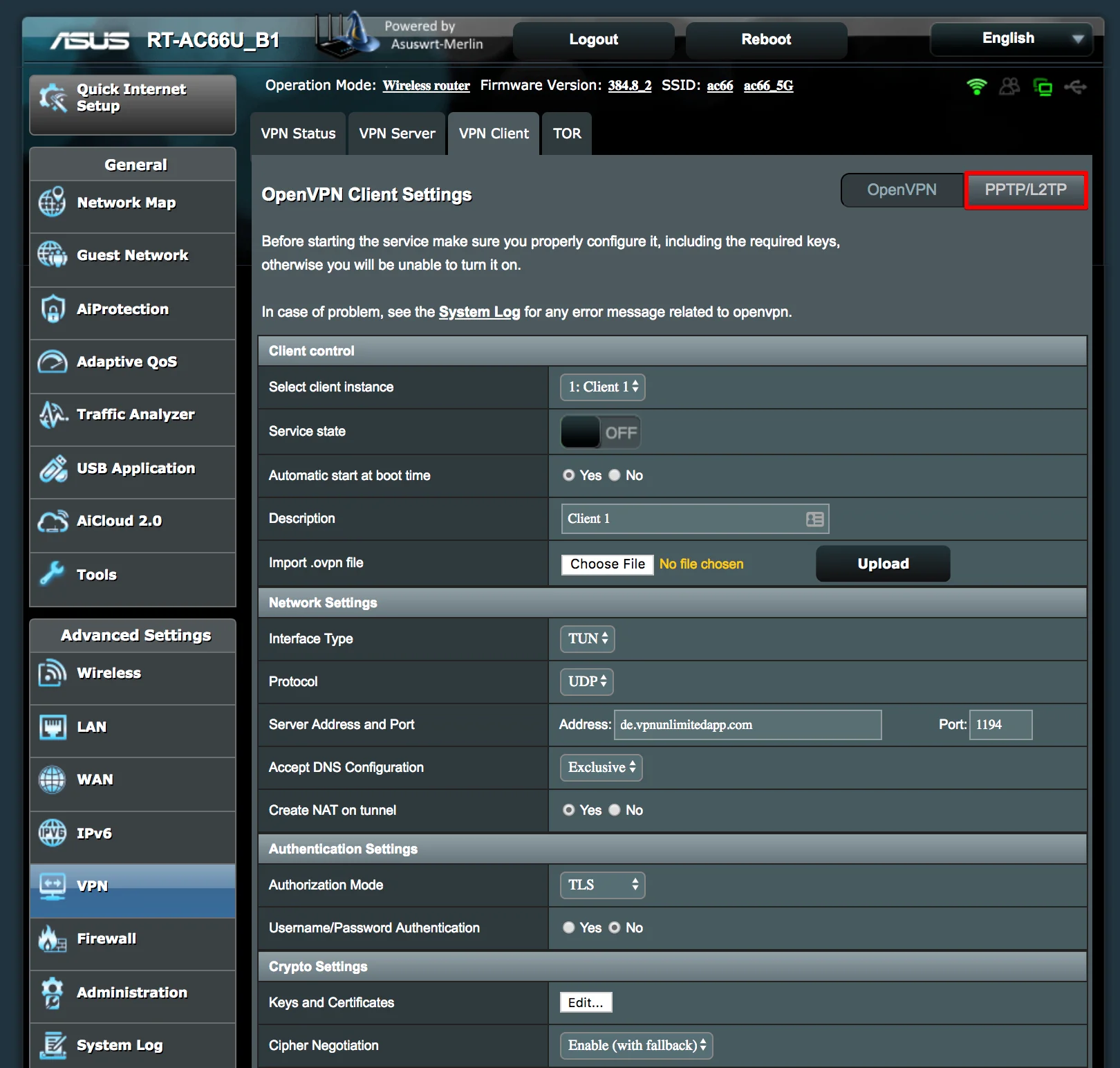 L2TP VPN client: PPTP/L2TP tab