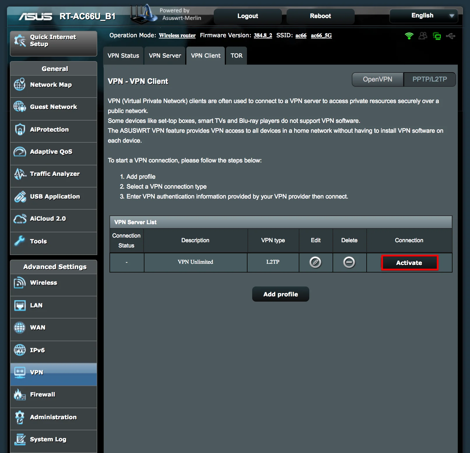 Activate L2TP connection and setup VPN on Asuswrt-Merlin router