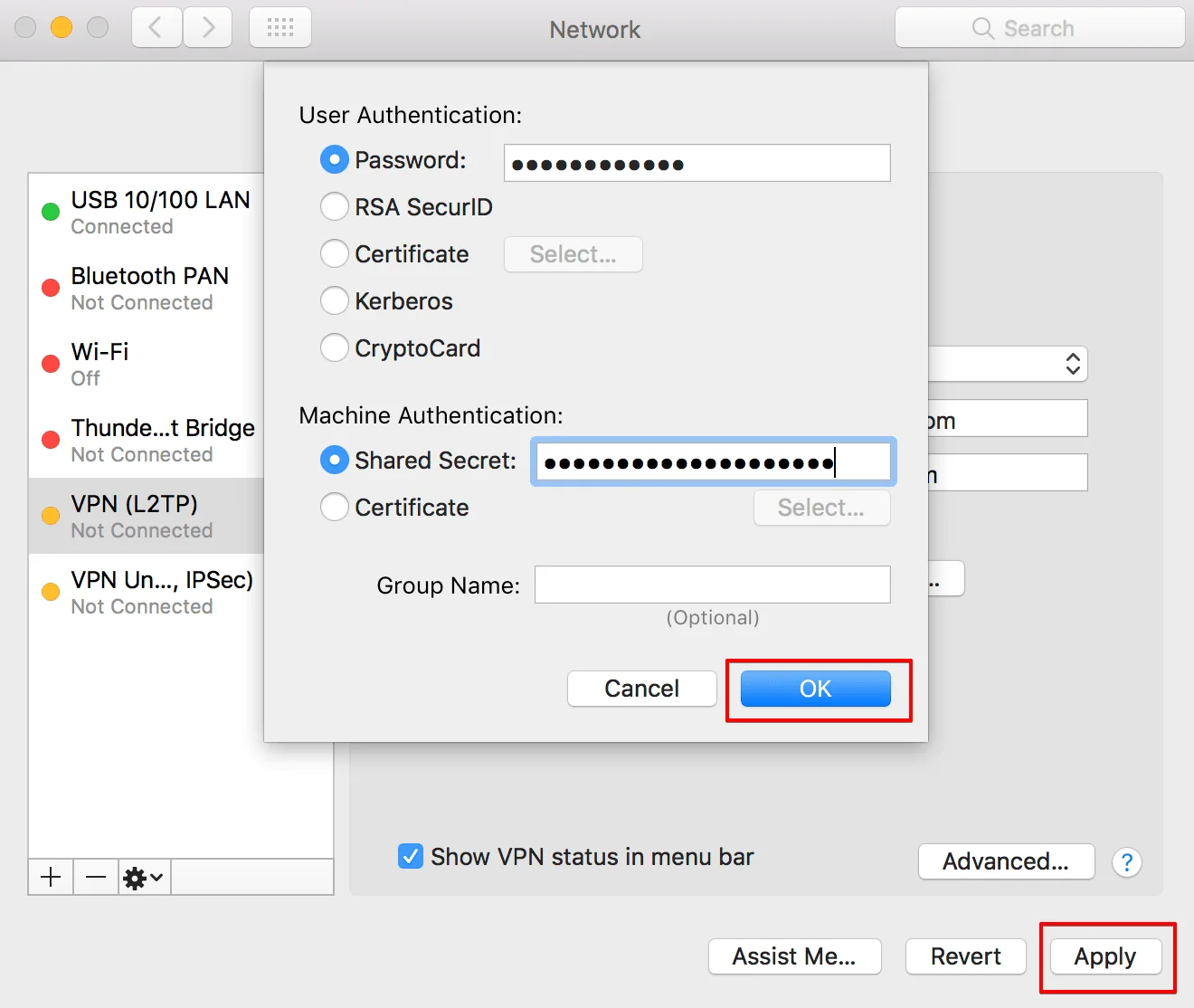 How to share VPN connection over WiFi using Mac - input the following data, click OK and then Apply