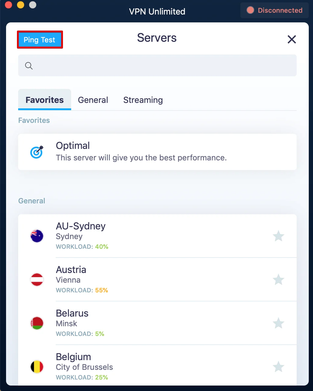 Ping Test button in KeepSolid VPN Unlimited app on macOS
