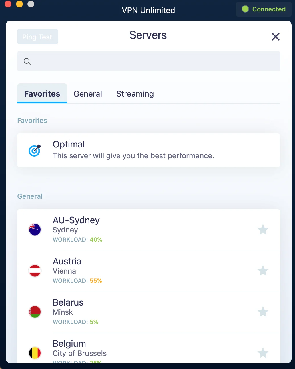 KeepSolid VPN Unlimited servers screen - VPN for Mac