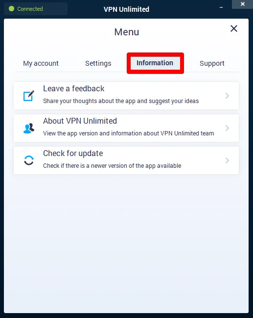 Info tab on VPN unlimited app on your Windows PC