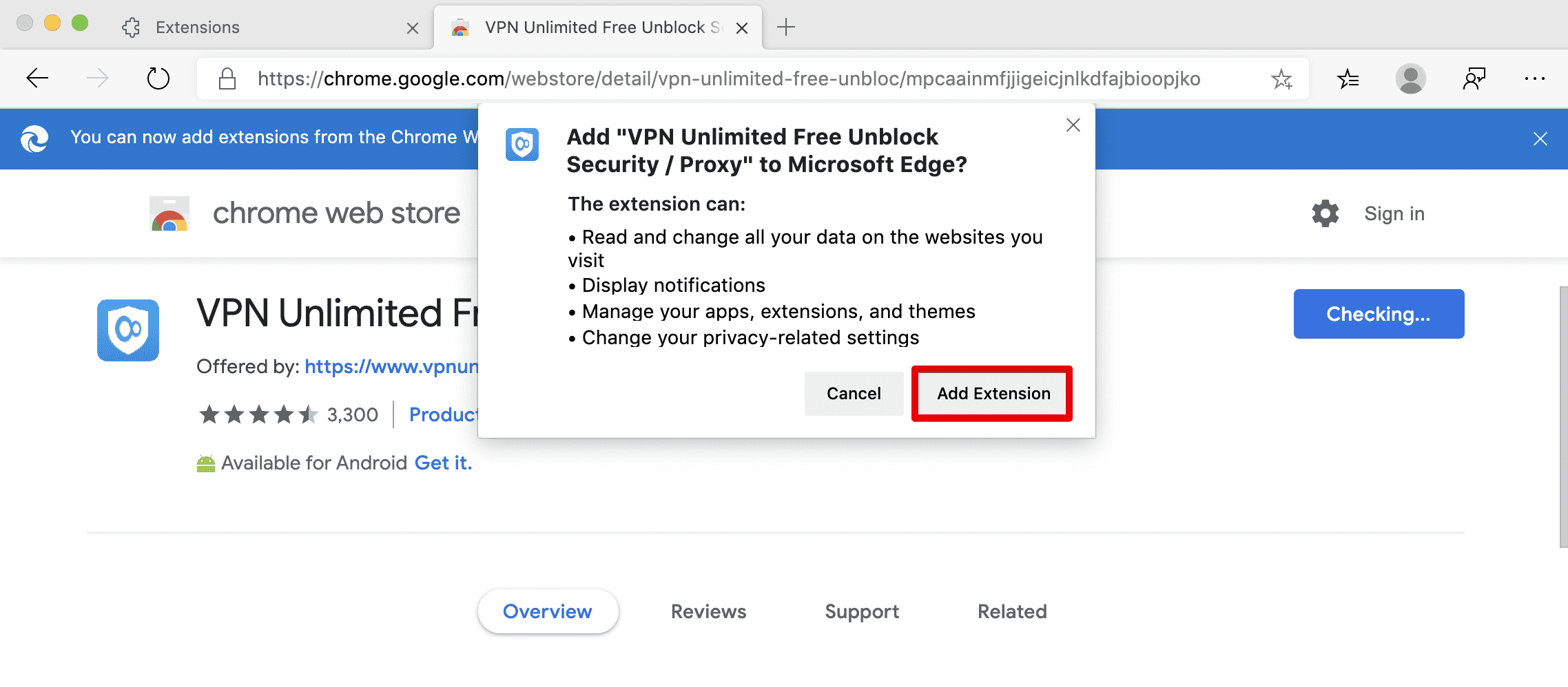 Confirm adding VPN Unlimited extension to Microsoft Edge