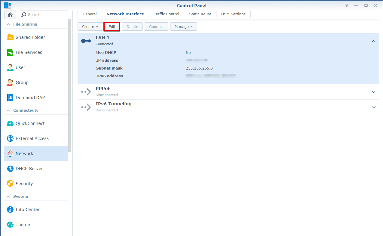 Disabling IPv6 on Synology. Edit LAN settings
